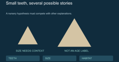 Conceptual small and large fossil tooth shapes beside alternative explanation labels.