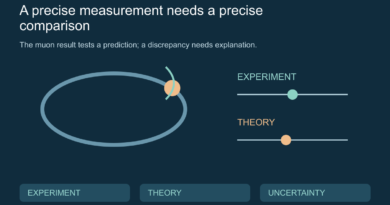 Conceptual circular particle path beside separate experimental and theoretical comparison markers.