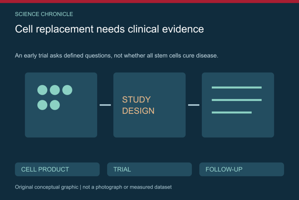 Conceptual sequence showing a prepared cell product, transplantation research and follow-up assessment.