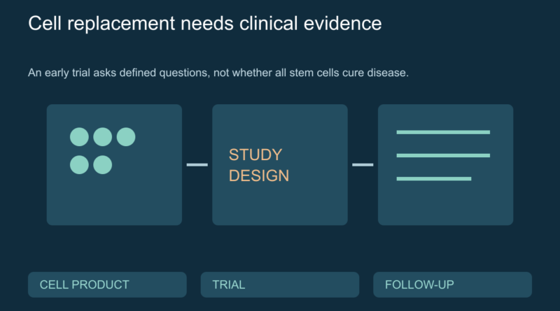 Conceptual sequence showing a prepared cell product, transplantation research and follow-up assessment.