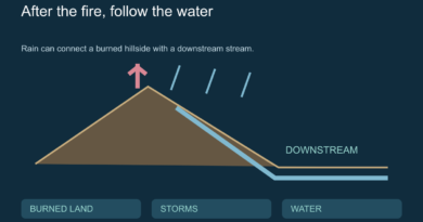 Conceptual burned hillside, rain paths and a stream leading downstream.