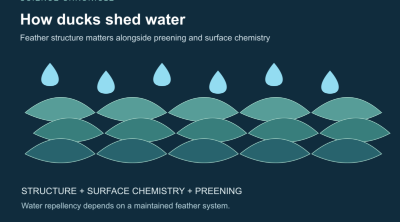 Original schematic showing droplets above overlapping feather layers; structure, surface chemistry and preening work together.