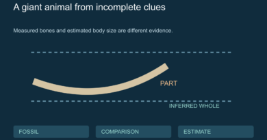 Conceptual jaw fragment beside a dashed outline indicating an estimated whole-body length.