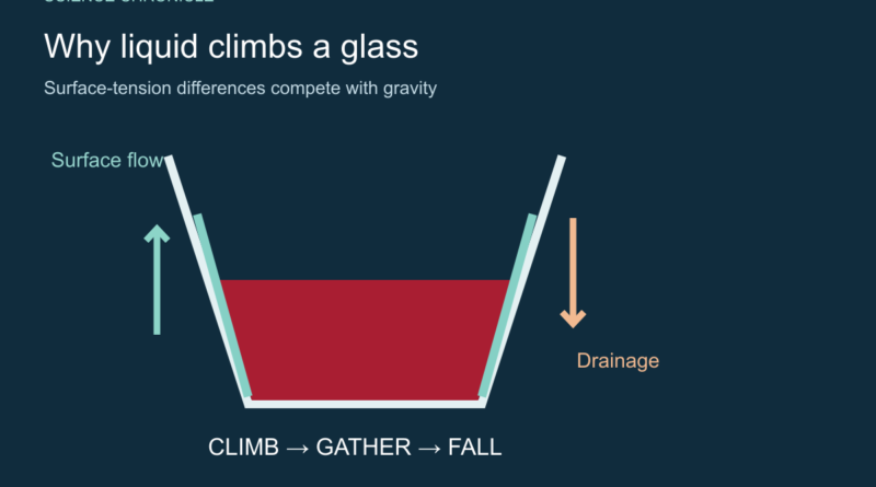 Schematic of liquid climbing a glass through surface flow and returning through drainage.