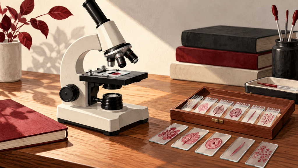 Editorial illustration: choosing your first microscope.