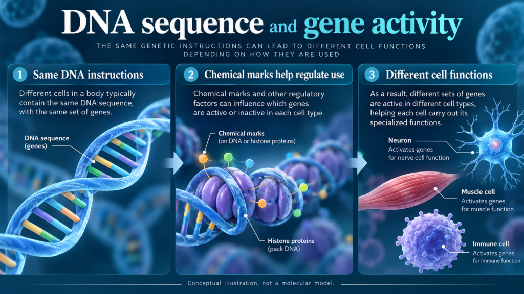 Editorial illustration: epigenetics gene expression.