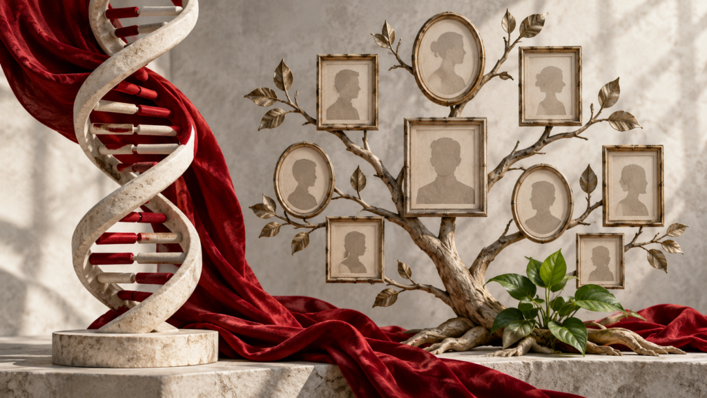 Editorial illustration: genetics environment and risk.