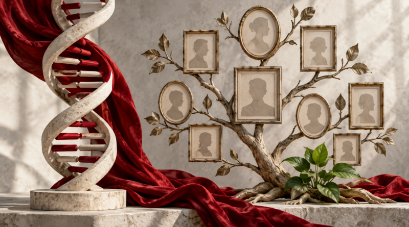 Editorial illustration: genetics environment and risk.