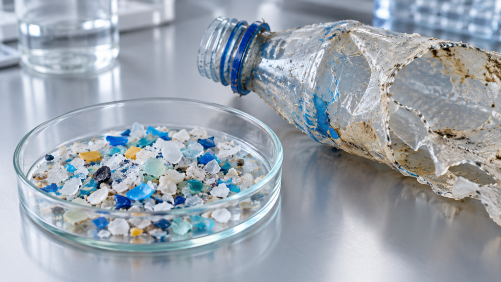 Editorial illustration: microplastics detection and risk.