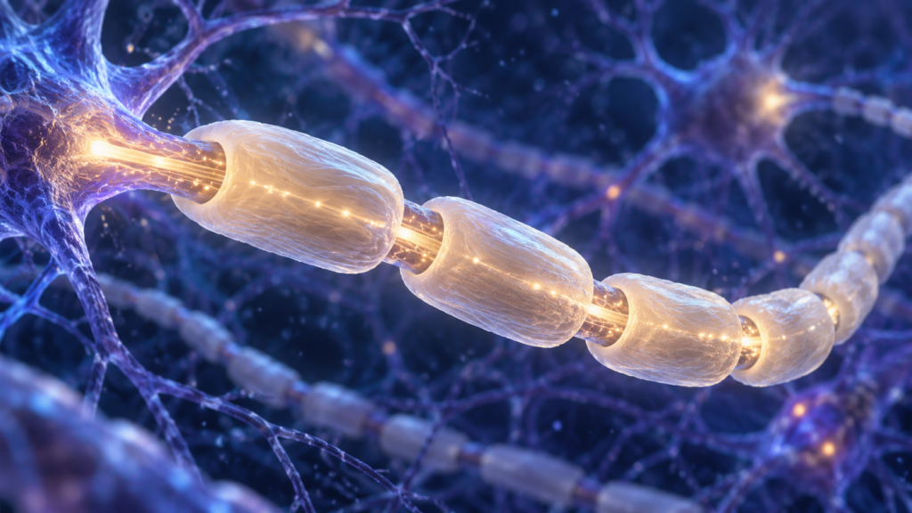 Editorial illustration: myelin and nerve signaling.
