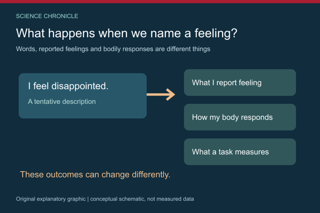 Conceptual diagram distinguishing naming a feeling, reported experience and bodily responses.