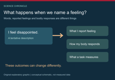 Does Naming a Feeling Change It? What Emotion Research Shows Conceptual diagram distinguishing naming a feeling, reported experience and bodily responses.