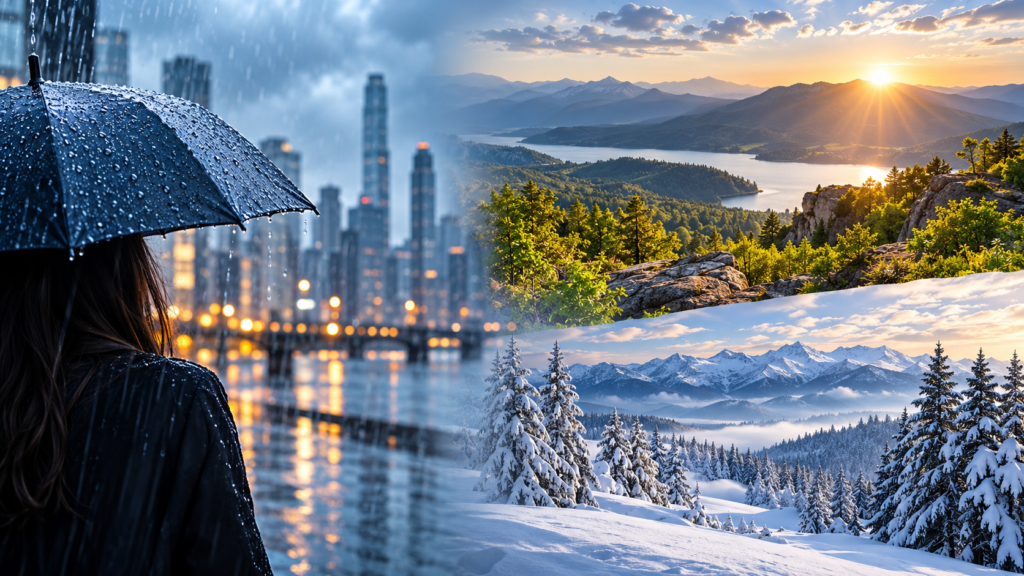 Editorial illustration: weather and climate different questions.